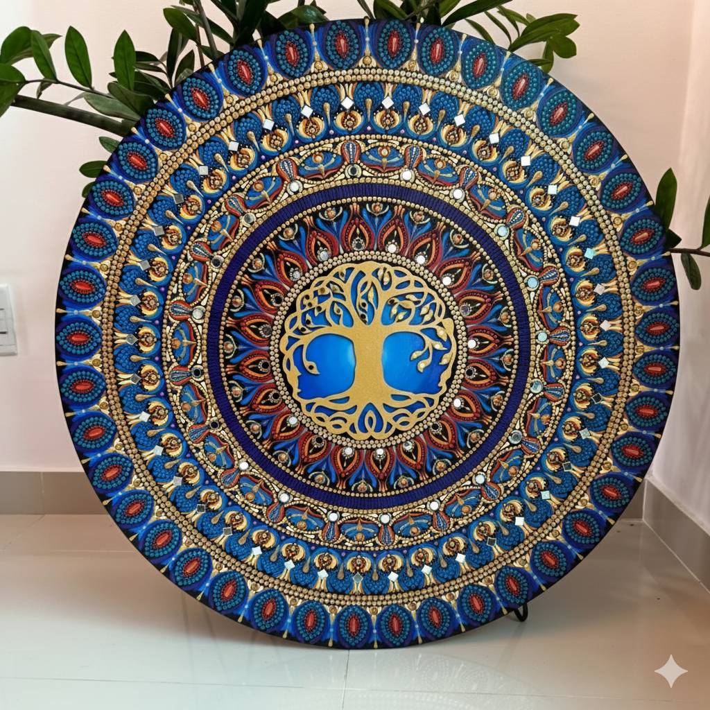 Close-up de uma mandala com pontilhismo em tons de azul, dourado e vermelho.